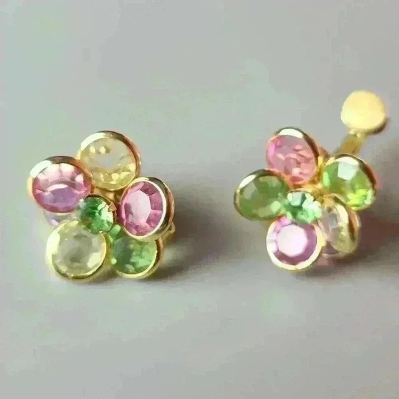 Vintage colorful glass flowers rhinestone gold tone earrings clip-on - Picture 8 of 12